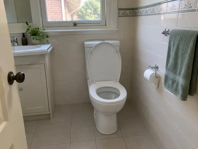 Clean white toilet in a tiled bathroom with window, towel rail and vanity in Chatswood