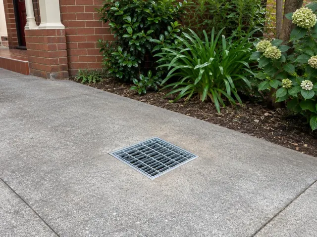 Seated stormwater grate in dry concrete paving beside brick house and garden in Willoughby