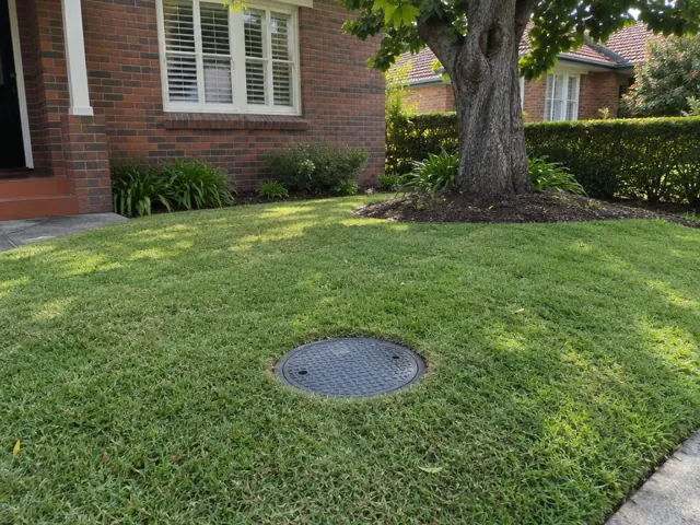 Round sewer access cover set flush in a neat grass lawn beside a brick house in Lindfield